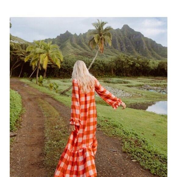 Sundress Isla Gingham Tiered Modal Maxi Dress Cream Coral Size XS/S - Picture 4 of 15